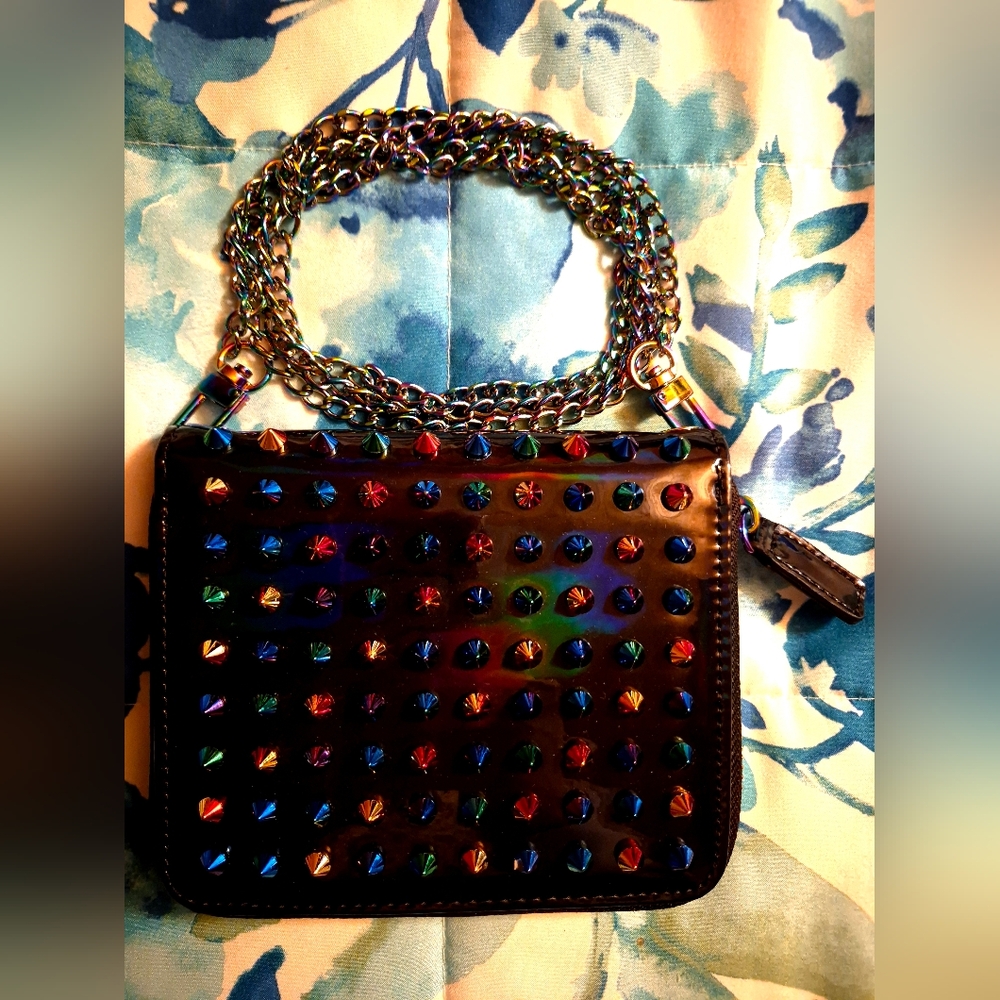 Iridescent Crossbody Wallet w/ Colorful Studs/Zipper & Oil Slick Chain/Hardware